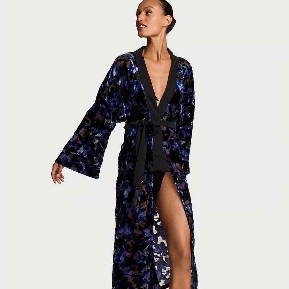 Victoria's Secret Velvet Floral Long Robe - Black, Blue & Purple